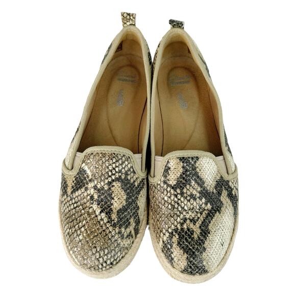 Clarks Azella Theoni Leather Slip-On Snakeskin Animal Print Flats Brown Tan 9 - Picture 2 of 8